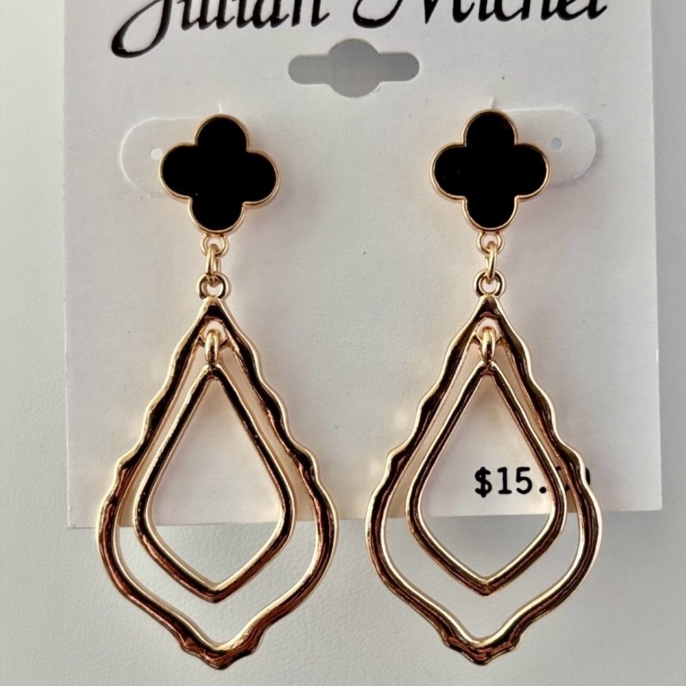 Jillian Michel Double Teardrop cutout goldtone,black flower,dangle,post